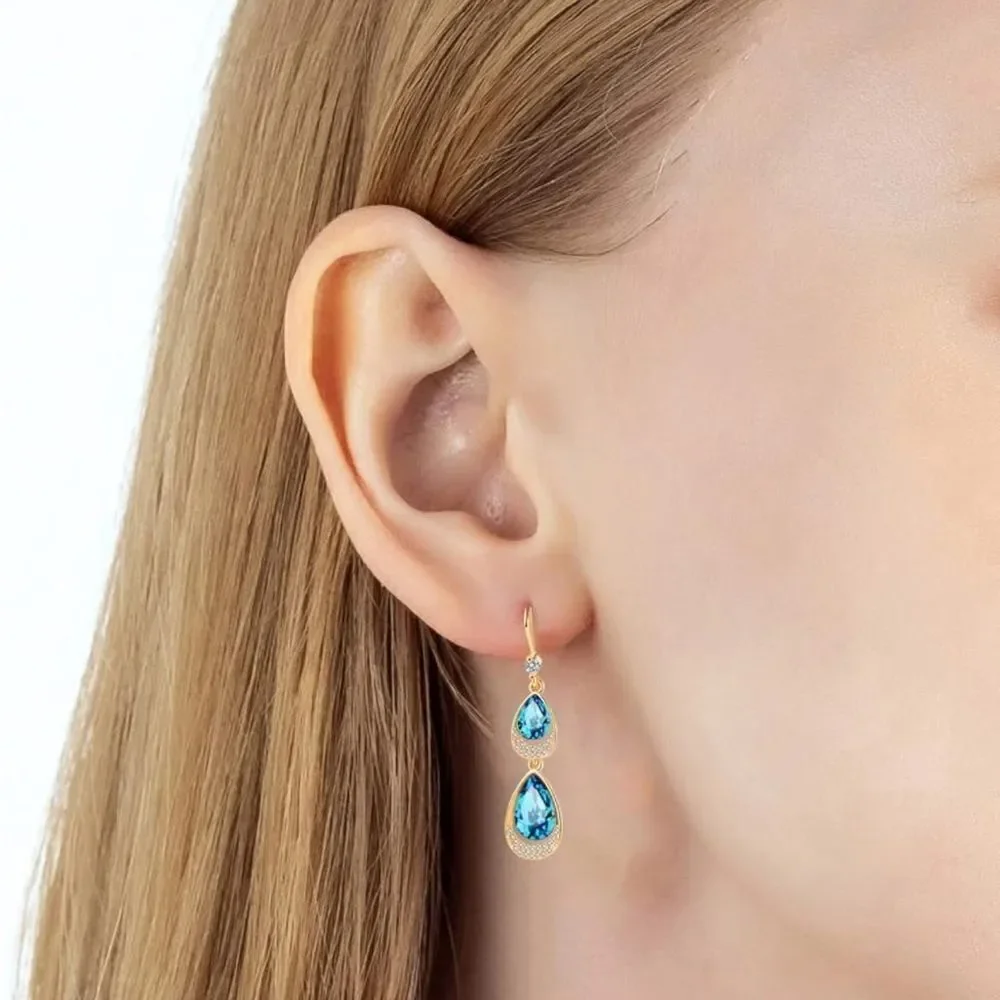 14K Yellow Gold with Blue Sapphire Austrian Crystal Double Teardrop Earrings
